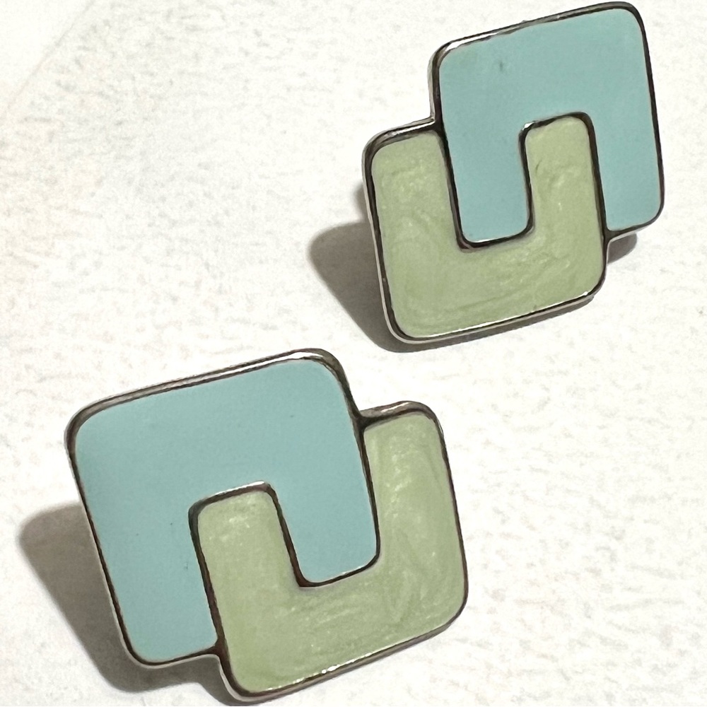 Blue green enamel on silver tone metal vintage post earrings - Vintage jewelry